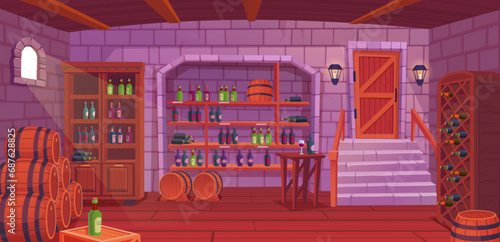 Wine cellar interior. Alcohol shelving with wine champagne barrel in castle basement, ancient house tasting room of vintage bar shelf, cozy restaurant ingenious vector illustration