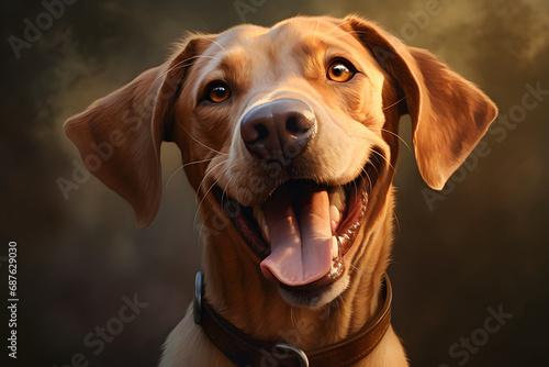 A joyful dog sits with his mouth open, close up