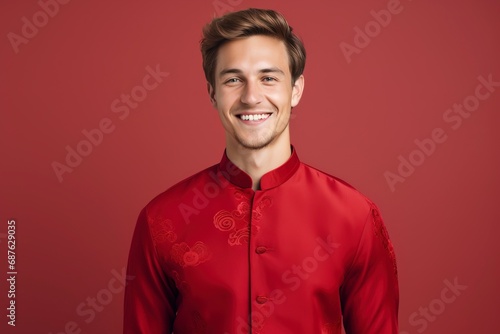 Young european man smiling, wearing cheongsam, one color background, copy space. generative ai © Nia™