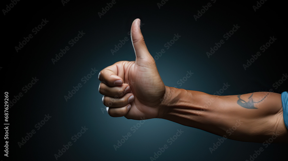 Hand giving a thumbs up pose on a black background. Concept of approval, positivity, and success in a sleek and minimalist setting.