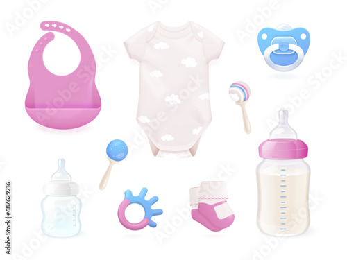 Realistic baby products. Babies care product infant hygiene and newborn accessories, 3d bib dairy bottle for kids nutrition, plastic dummy
