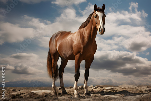 A beautiful horse stands gracefully on a cloudy sky background