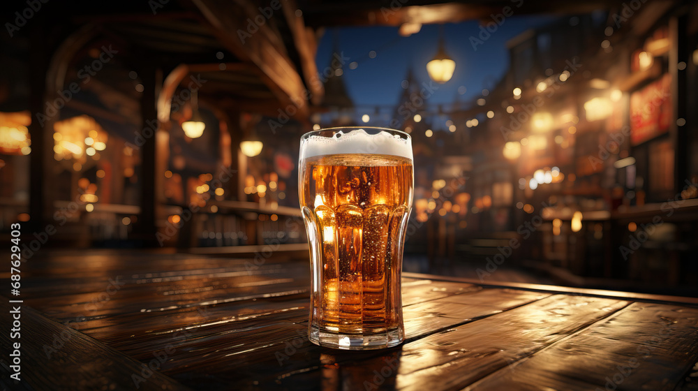 Glass of beer on a wooden table in a bar. Concept of socializing, relaxation, and the convivial atmosphere of enjoying a cold beverage in a cozy setting.