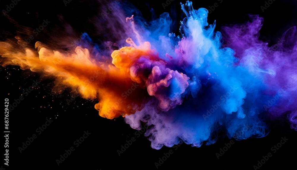 bluish smoke cloud of colored powder images in the style of bright orange purple and blue colors video glitches high quality photography colorful explosions striking composition psychedelic sur