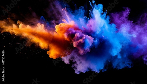 bluish smoke cloud of colored powder images in the style of bright orange purple and blue colors video glitches high quality photography colorful explosions striking composition psychedelic sur