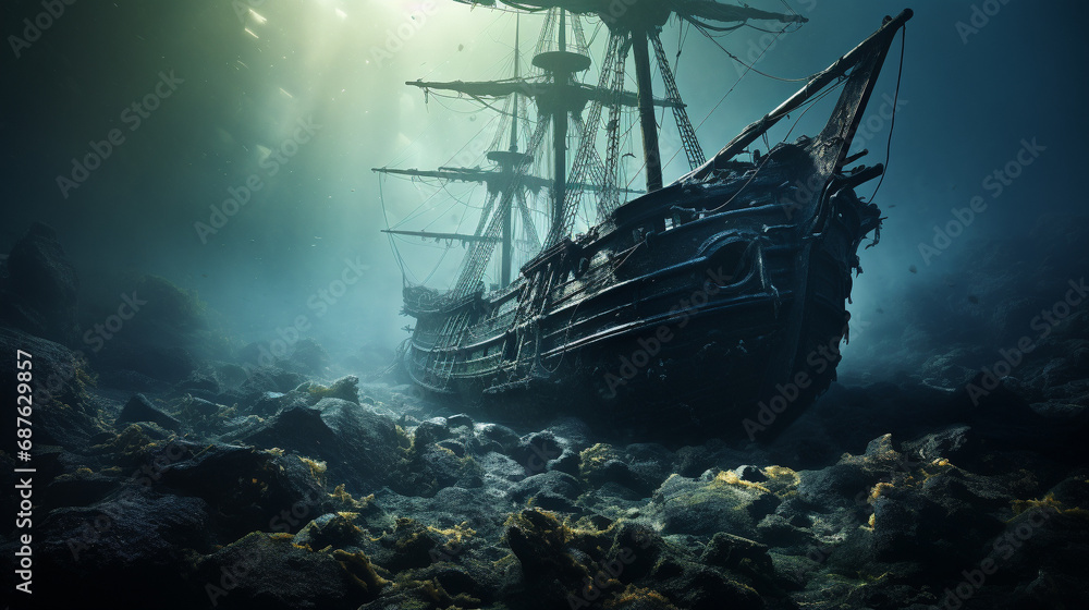 A shipwreck, its hull slowly decaying in the depths of the ocean, is a ...