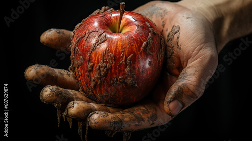 Hand holding muddy apple. Concept of organic farming, earthy freshness, and the raw, natural beauty of freshly harvested produce.