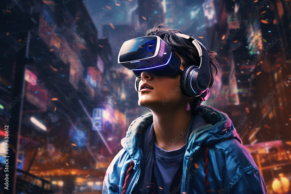 Virtual reality adventures: Man with VR goggle immersed in AR augmented reality game. NFT futuristic fun. Virtual reality adventures: Man with VR goggle immersed in AR augmented reality game. NFT futuristic fun.