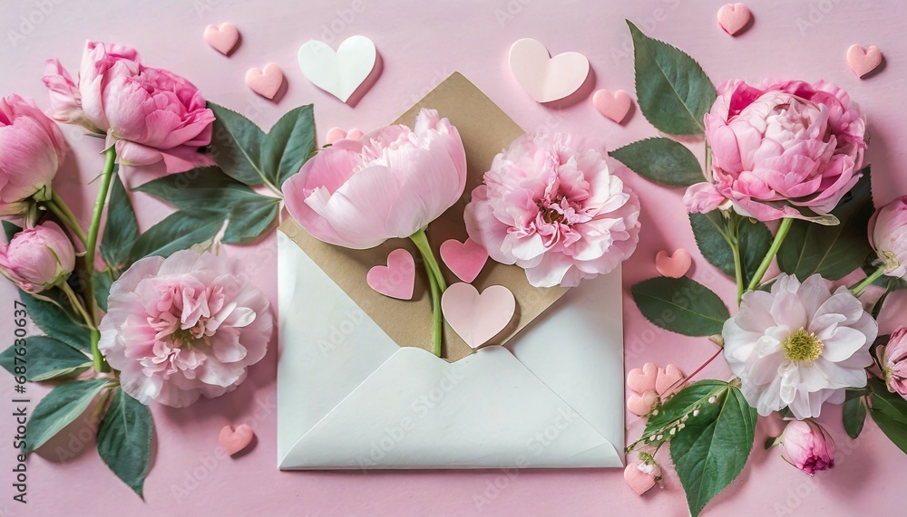 valentine s day background pink flowers envelope hearts on pastel pink background valentines day concept flat lay top view copy space