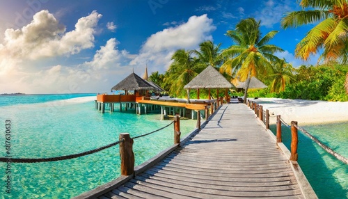 maldives island beach panorama palm trees and beach bar and long wooden pier pathway tropical vacation and summer holiday background concept photo