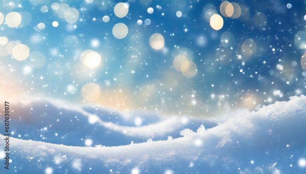 Fototapeta premium winter snow background with snowdrifts with beautiful light and snow flakes on the blue sky beautiful bokeh circles banner format copy space