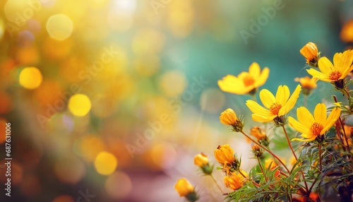 beautiful yellow flowers on blurred background with bokeh and copy space autumn or summer festive natural background