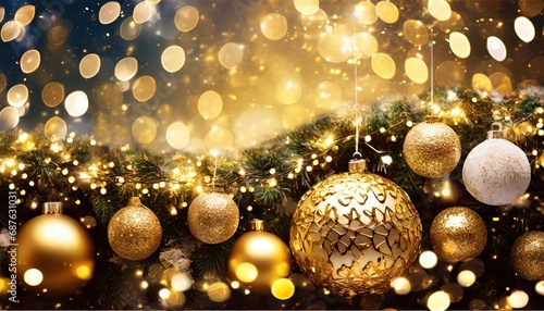 happy christmas light decorations in new year night winter background ornaments elements gold confetti bokeh color xmas ornaments glass ball tree decorations christmas glowing golden background