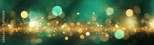 Green festive background with golden glitter bokeh lights. Panoramic view