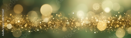 Green festive background with golden glitter bokeh lights. Panoramic view