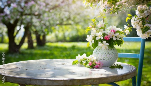 spring table with trees in blooming and defocused sunny garden in background © Art_me2541