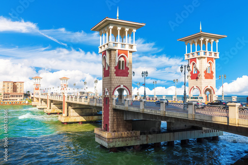 Famous Stanley Bridge over the sea on the beach of Alexandria, Egypt photo