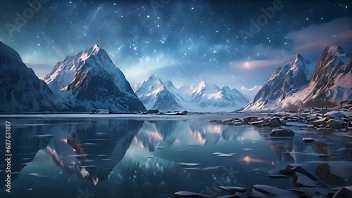 Nature scenery. Milky Way above frozen sea coast and snow covered mountains in winter at night. anime or cartoon watercolor illustration motion graphic style photo