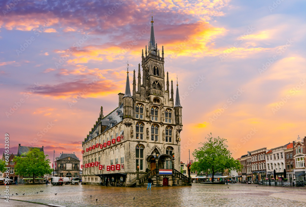Fototapeta premium Gouda Town Hall on Market square, Netherlands