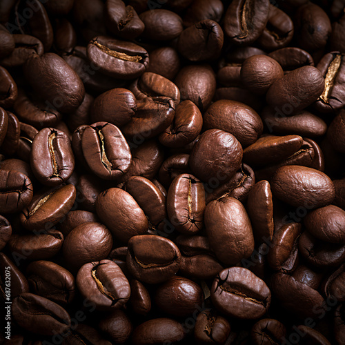 Close-up of roasted coffee beans against a backdrop..Roasted coffee beans against a background in a close-up shot.
