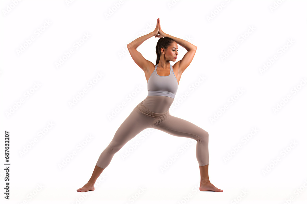 A fit youth carrying out yoga exercises alone against a white background, demonstrating a lifestyle of physical and mental equilibrium.