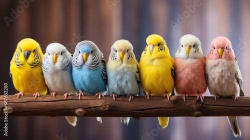 set of  pets budgies pastel color birds on branch   photo