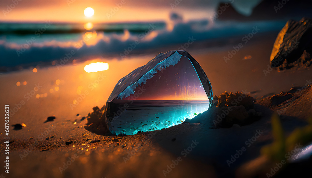 Refractive clear glass crystal on sandy beach - obrazy, fototapety, plakaty 