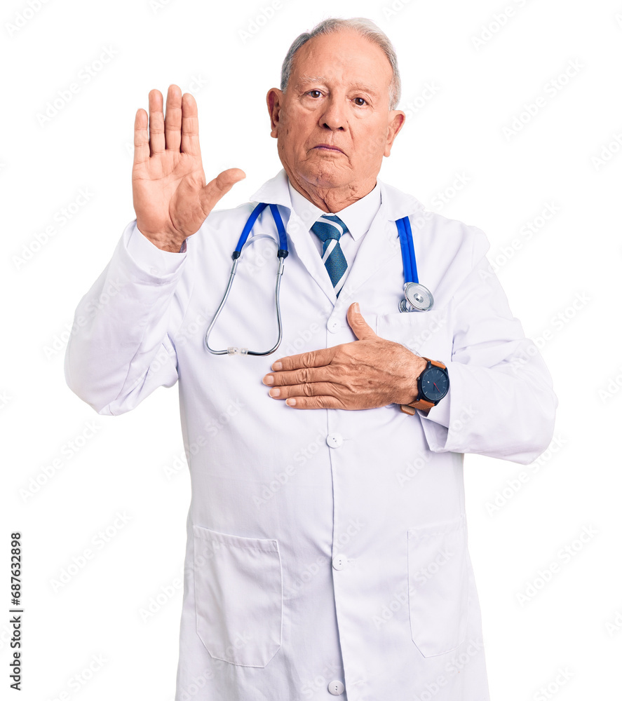 Senior handsome grey-haired man wearing doctor coat and stethoscope swearing with hand on chest and open palm, making a loyalty promise oath Senior handsome grey-haired man wearing doctor coat and stethoscope swearing with hand on chest and open palm, making a loyalty promise oath