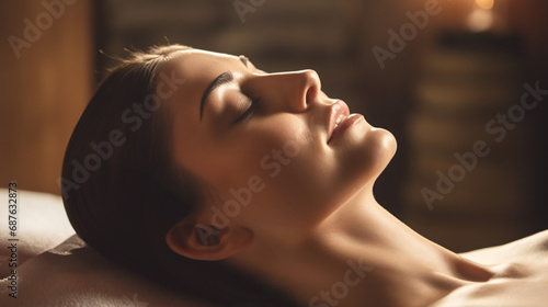 Woman enjoying anti aging facial massage in atmospheric spa, side view