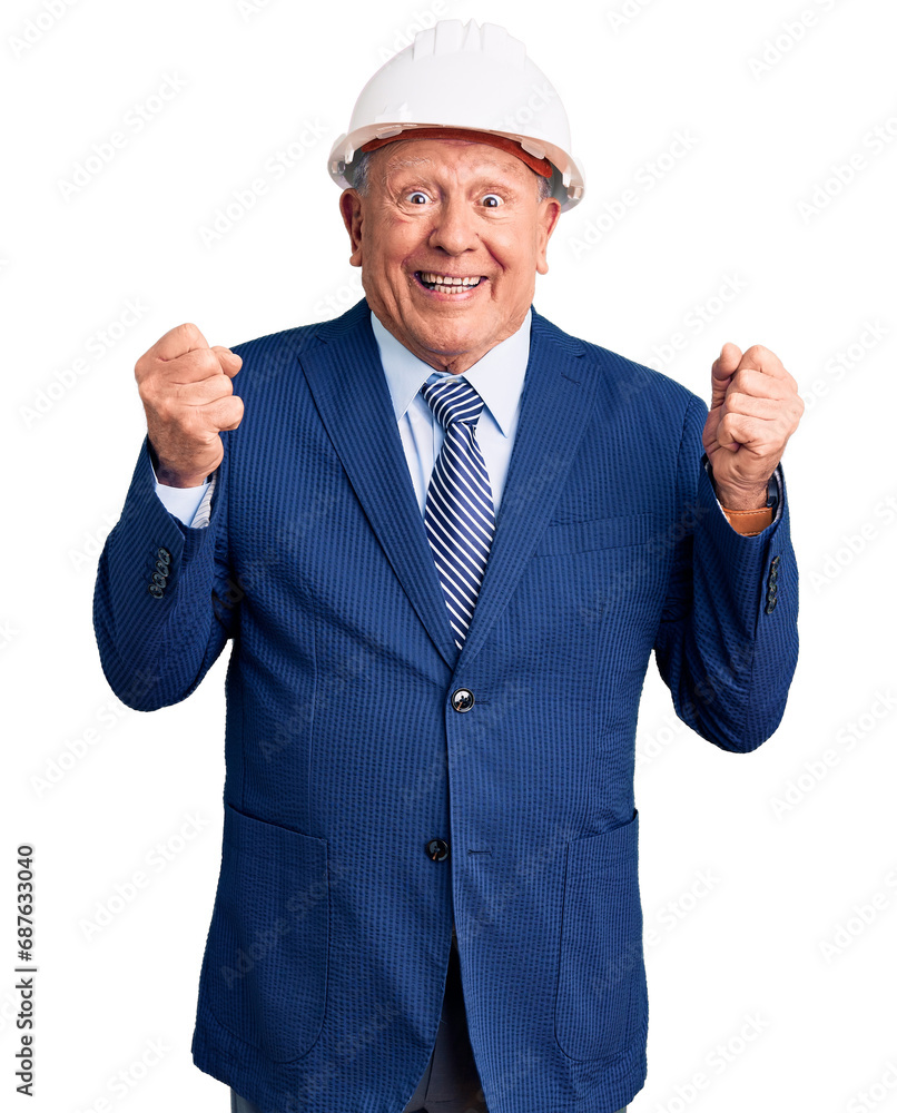 Senior handsome grey-haired man wearing suit and architect hardhat excited for success with arms raised and eyes closed celebrating victory smiling. winner concept.