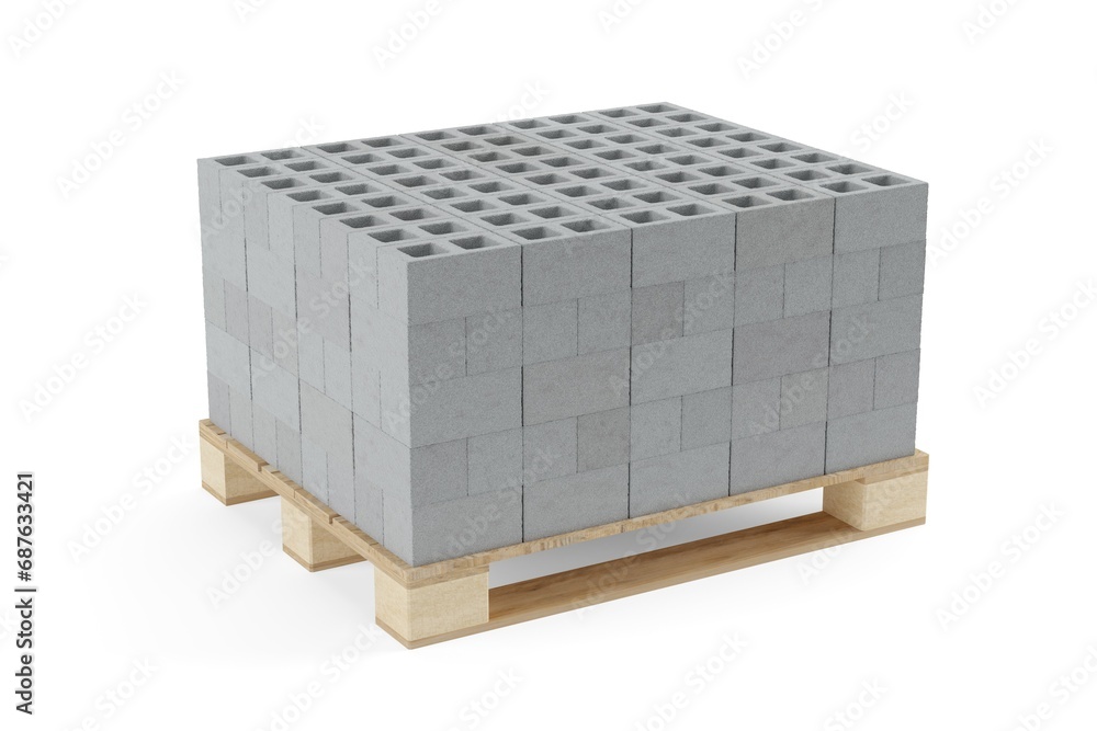 Pallet of cement or concrete brick stones stacked on white background, construction, building trade or masonry industry concept object Pallet of cement or concrete brick stones stacked on white background, construction, building trade or masonry industry concept object