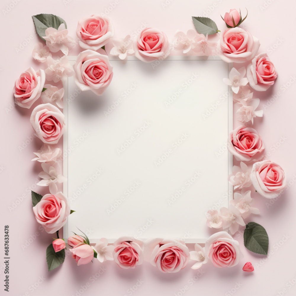 Fondo con detalle de marco con varias flores de tonos rosados, sobre fondo neutro Fondo con detalle de marco con varias flores de tonos rosados, sobre fondo neutro