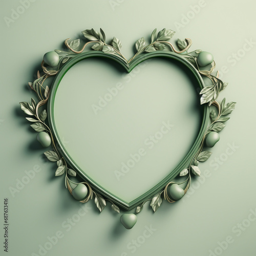 Fondo de estilo mockup con detalle y textura de marco con forma de corazon y tonos verdes, sobre fondo neutro