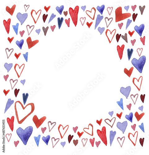 watercolor illustration round frame of blue and red hand drawn hearts