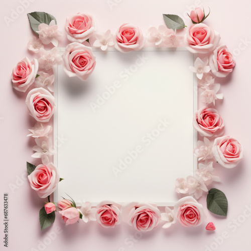 Fondo con detalle de marco con varias flores de tonos rosados, sobre fondo neutro