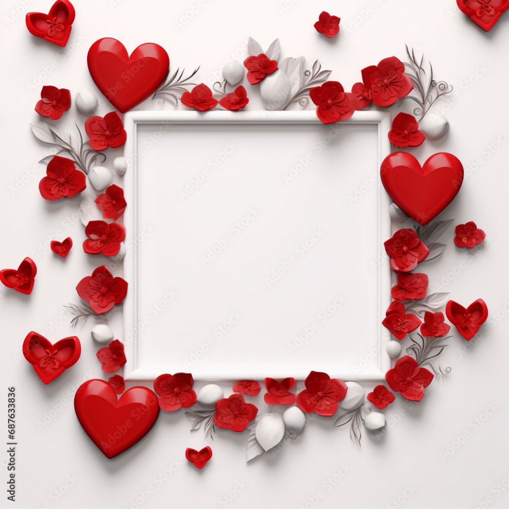 fotografía de estilo mockup con marco de color blanco y multitud de corazones rojos sobre fondo neutro como símbolo de San Valentín