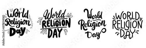 Set of World Religion Day inscription. Collection of black text World Religion Inscription. Hand drawn vector art.