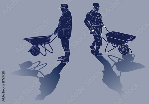 worker with wheelbarrow two silhouettes on grey