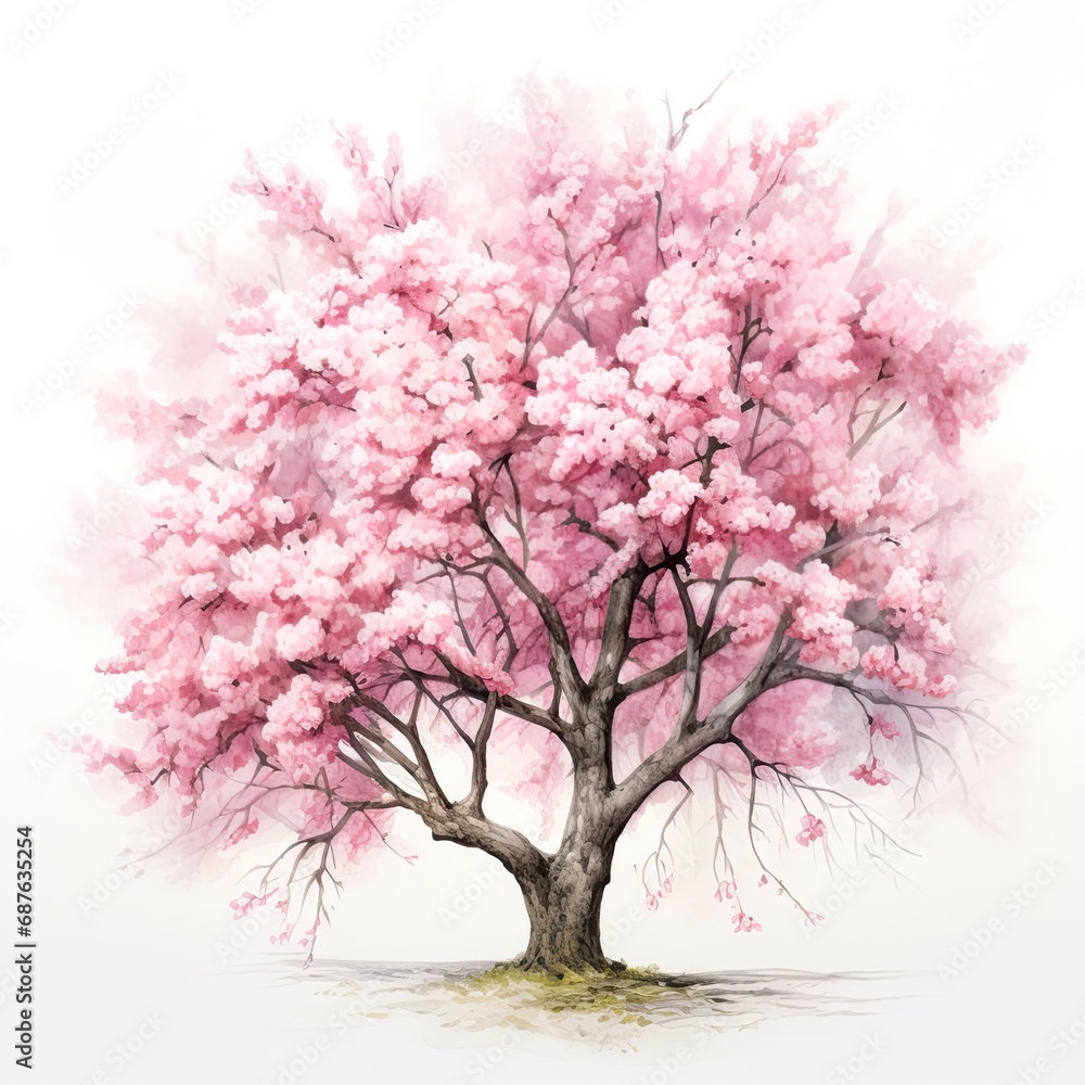 Obraz premium Blossom cherry blossom tree with pink flowers on white background.