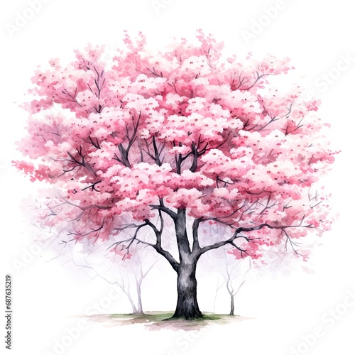 Blossom cherry blossom tree with pink flowers on white background. © Wander