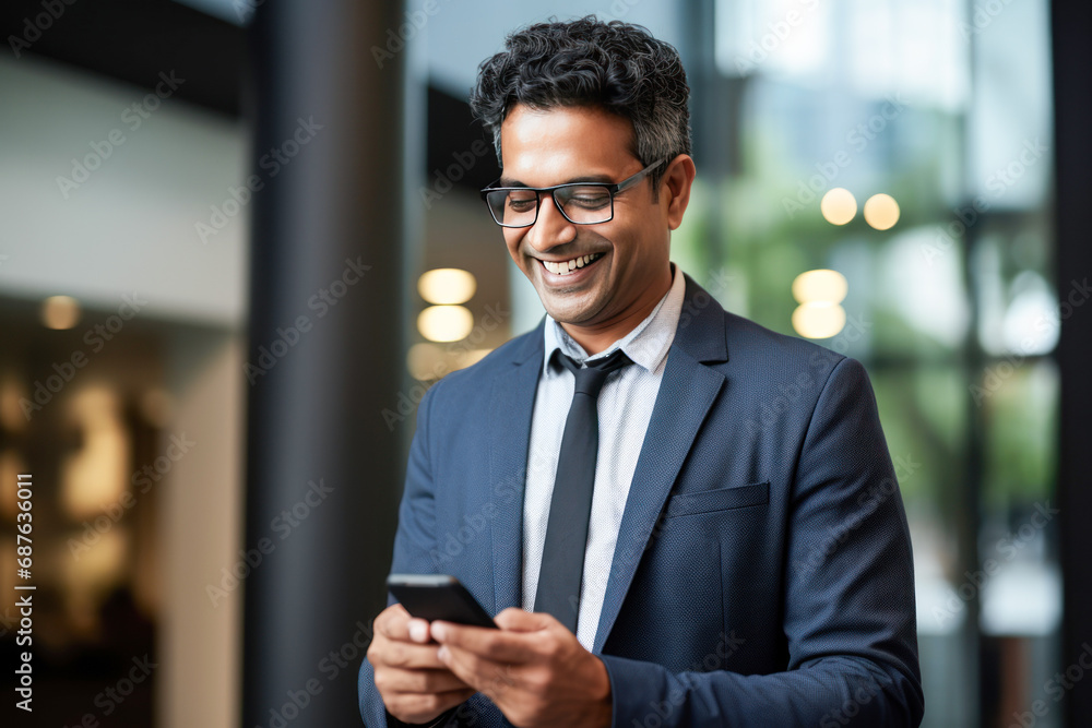 Indian businessman using smartphone and smiling Indian businessman using smartphone and smiling