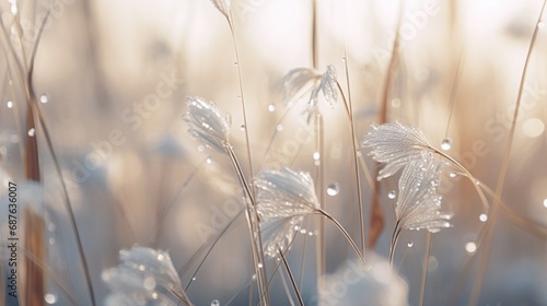 close-up shot capturing the delicate white dewdrops clinging to the slender reeds, high quality, copy space, 16:9 photo