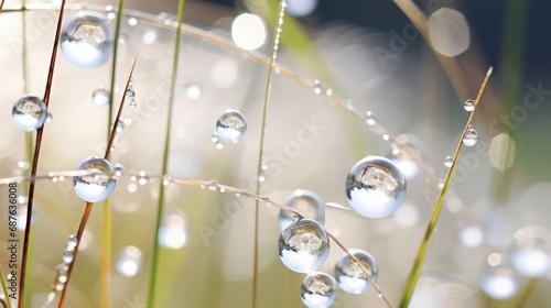 close-up shot capturing the delicate white dewdrops clinging to the slender reeds, high quality, copy space, 16:9