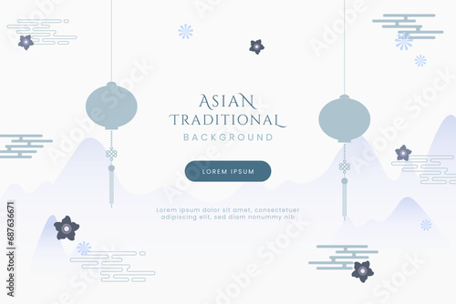 Simple and elegant oriental traditional banner composed of mountain, lampion, flowers, birds, clouds. Oriental elements background for web, promotion, cover, flyer, poster and card.