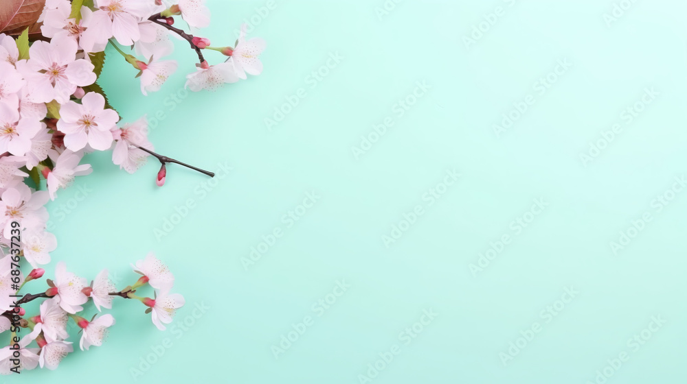 Banner with flowers on blue background. Greeting card template for Wedding, mothers or woman's day Banner with flowers on blue background. Greeting card template for Wedding, mothers or woman's day