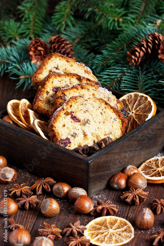 Traditional homemade stollen with dried fruits and nuts