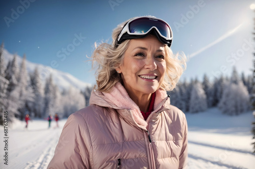 Senior, mature woman skiing in nature on sunny winter day with goggles, leading active lifestyle. Portrait of happy retired woman doing sport. Retirement hobby and leisure activity for elderly people.