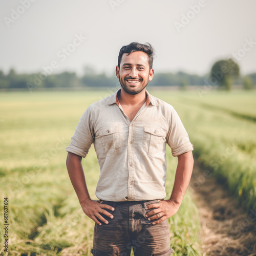 Young indian farmer giving happy expression at agriculture field