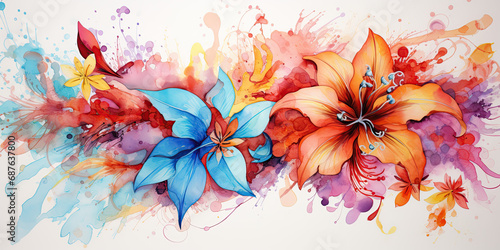 watercolor illustration of colorful flowers - Generative AI	
