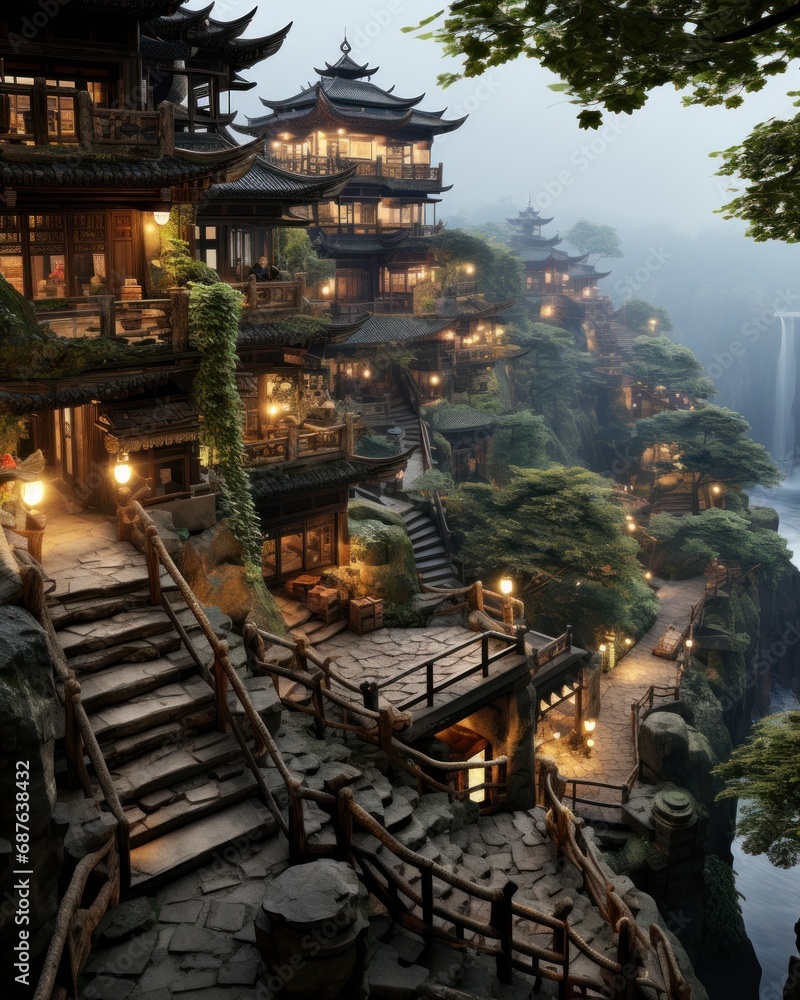 An enchanting cliffside village with traditional pagodas glowing warmly at dusk